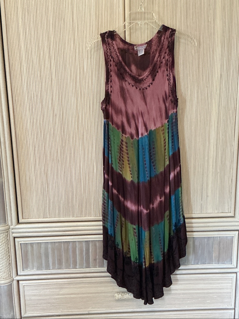 Sleeveless High-Low Tie-Dye Midi Dress - Brown, Green & Blue